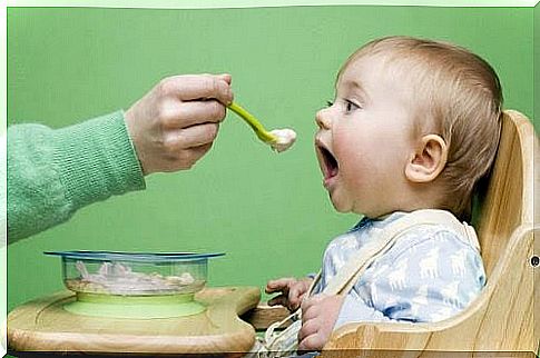 baby is fed with baby food