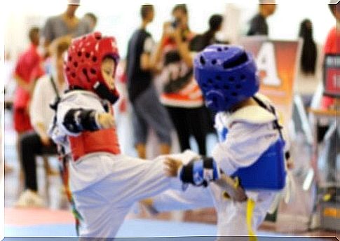 Boys practicing taekwondo.