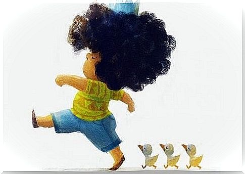 In a child's fantasy: a girl with a blue crown marches with three ducklings behind her