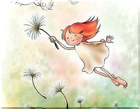 Girl flying with dandelion seeds